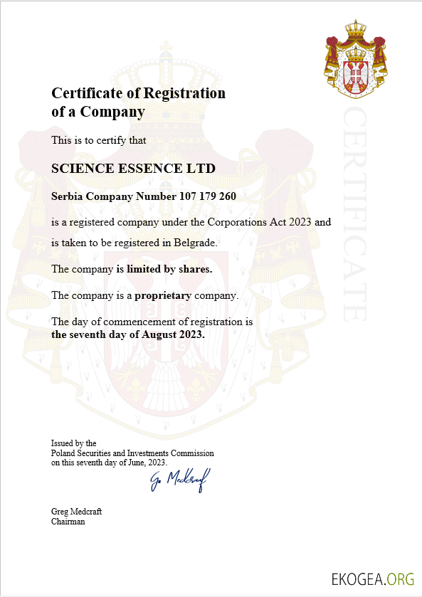 Modèle Word et PDF de certificat d'enregistrement d'entreprise en Serbie